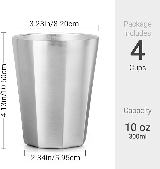 Beasea Stainless Steel Cups 10 oz, 4 Pack Small Bulk Stackable Stainless Steel Tumbler Insulated Cups for Drinking Double Wall Metal Glasses Tin Cups for Home Restaurant Office Party Camping