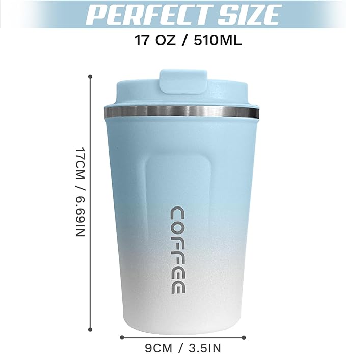 Travel coffee mugs leak-proof, reusable coffee cups with lids, stainless steel vacuum thermos coffee tumblers,thermal insulation cups for men and women hot & cold drinks (2nd-Blue White, 17OZ)