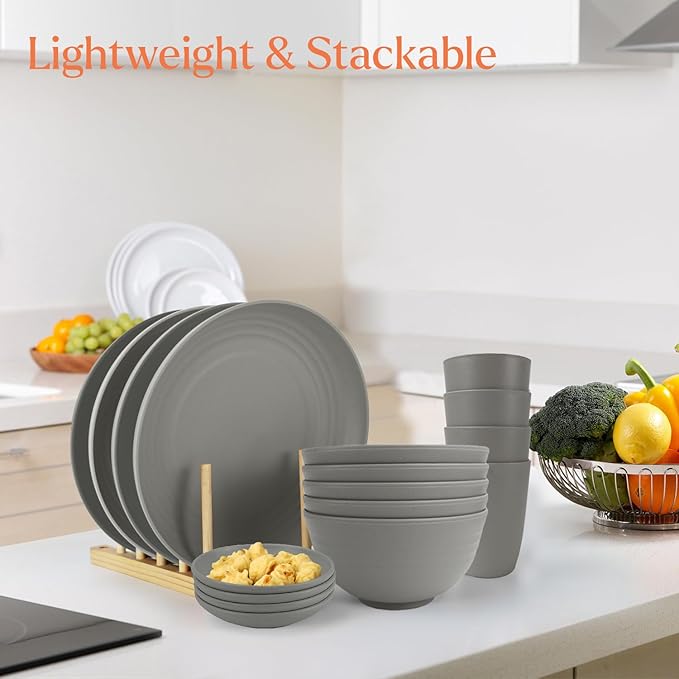Wrova Wheat straw plates and bowls sets of 16 - Unbreakable wheat straw dinnerware sets for party - Alternative plastic dinnerware set for camping,party and R.V. Grey
