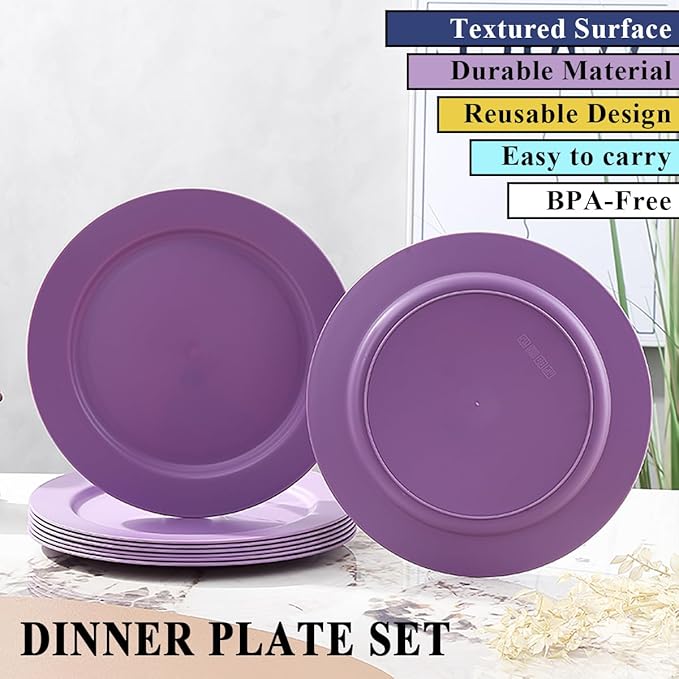 Berglander Plastic Plates Set of 8 Pieces 10", Purple Reusable Flat Dinner Plates, Salad Plates, Pasta Bowls, Dishes Set Easy to Carry for Home, Garden, Picnic, Camping, Outdoor