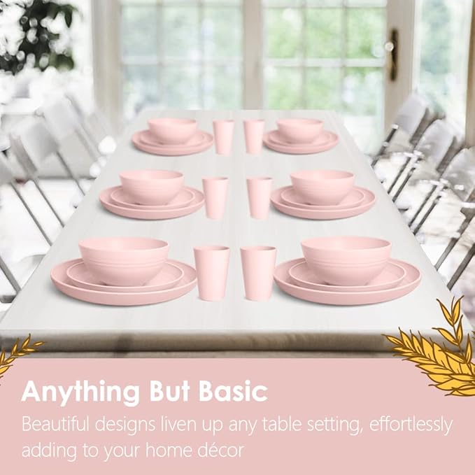Teivio 32-Piece Kitchen Plastic Wheat Straw Dinnerware Set, Service for 8, Dinner Plates, Dessert Plate, Cereal Bowls, Cups, Unbreakable Colorful Plastic Outdoor Camping Dishes, Pink