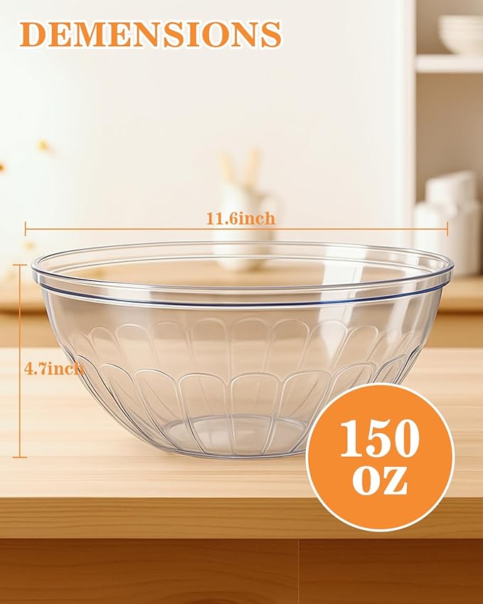 BESTVIP 4 Pack 150 Ounce Clear Plastic Serving Bowls, Disposable 11.6" Party Bowls for Chips/Salad/Candy/Snacks, Stackable Buffet Containers for Christmas, Holiday, Weddings, Showers/Events, Reusable