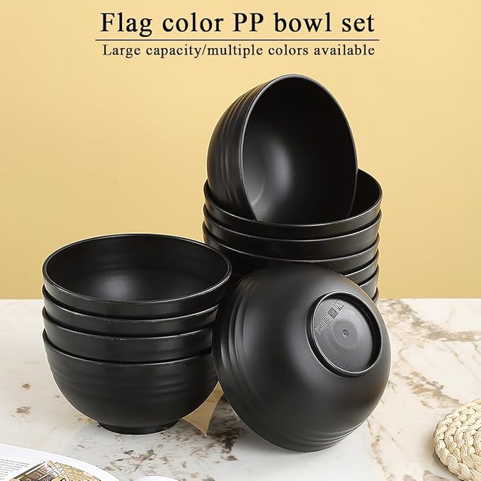 Berglander Black Plastic Bowls Set of 12 Pieces 25oz, Reusable and Sturdy Ramen Bowl, Soup Bowls, Cereal Bowl for Adult, Kids, Home, Restaurant, Garden, Picnic, Camping, Poolside, Outdoor