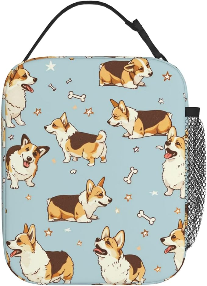 Reusable Corgi Lunch Box for Kids Girls Boys Women Adult, Insulated Cute Bone Lunch Bag,Polyester Cooler Dog Handbags Case for School Picnic Work Travel Beach or Hiking (Light Blue)
