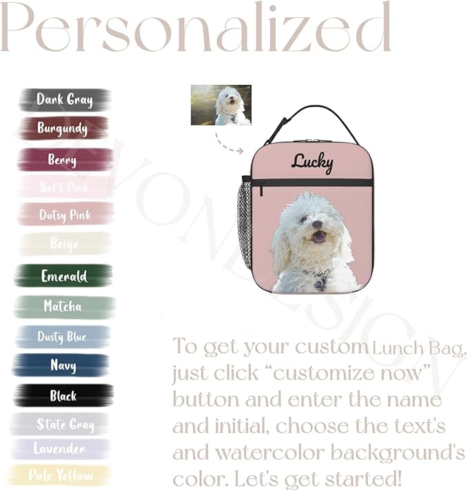 Personalized Pet Photo Lunch Bag, Custom Pet Lunchbag, Customizable Dog & Cat Portrait Insulated Neoprene Lunch Tote with Zipper and String Bag, Cute Funny Reusable Lunch Box Containe for Pet Lovers