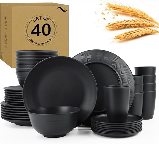 Wheat Straw Dishes Set 40 PCS,Service for 8,Unbreakable and Ruseable Plastic Dinnerware Sets,Dessert Plates,Drinking Glasses,Dishwasher & Microwave Safe Dinner Plates for Kitchen,Camping,Dorm（Black）
