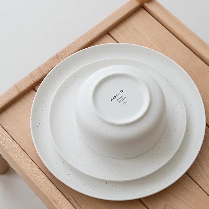 Stoneware Plates and Bowls Set - 12pcs Reactive Glazed Dinnerware Service for 4, Scratch & Chip Resistant (Nacre White)