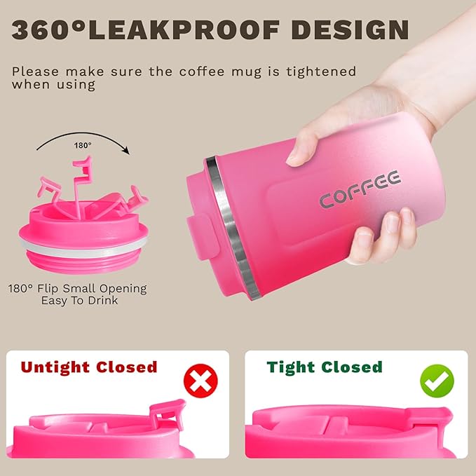 Travel coffee mugs leak-proof, reusable coffee cups with lids, stainless steel vacuum thermos coffee tumblers,thermal insulation cups for men and women hot & cold drinks (2nd-Red White, 12OZ)