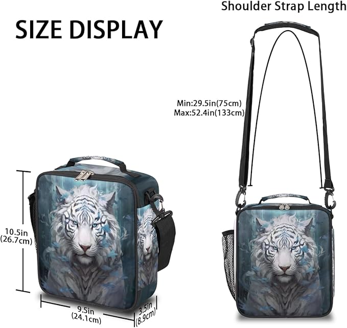Animal Lunch Box for Kids, Watercolor White Tiger Lunch Bag for Boys Girls, Reusable Insulated Waterproof Lunch Box with Adjustable Shoulder Strap Thermal Cooler Tote Bag for School Daycare Picnic