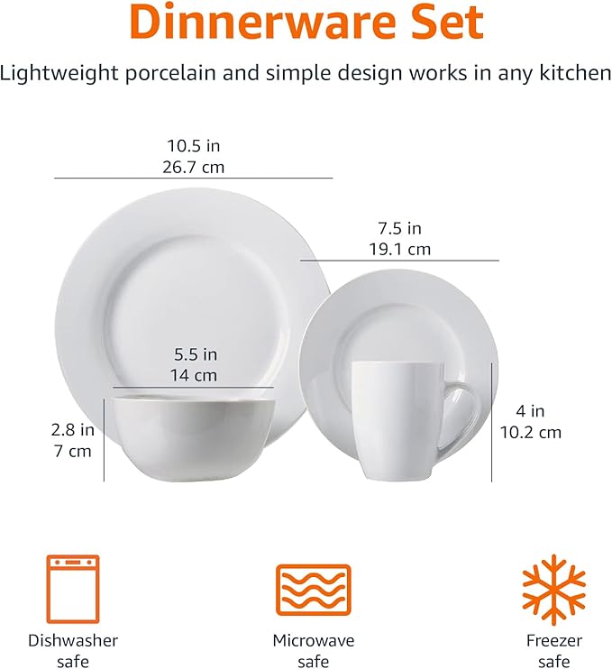 Amazon Basics 16-Piece Porcelain Kitchen Dinnerware Set with Plates, Bowls and Mugs, Service for 4 - White