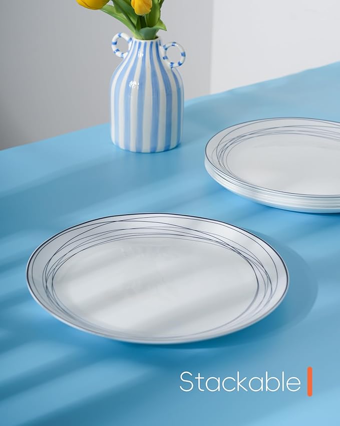 10.5 inch Dinner Plate Set of 6, Lightweight Round Opal Glass Dinnerware Plates, Dishwasher and Microwave Safe, Blue Modern Geometric Design