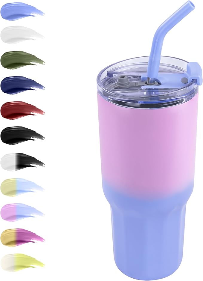 VEGOND 30 oz Insulated Stainless Steel Tumbler with lid and straw Double Wall Vacuum Travel Coffee Mug with Non-Slip Silicone Base, Sweat Proof Powder Coated Cup for Hot Cold Drinks, Blue and Purple