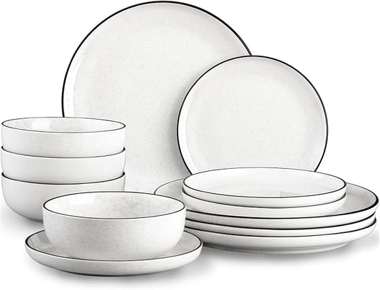 Plates and Bowls Sets for 4,12 Pieces Ceramic Dish set, White Dinnerware Set for Kitchen, Modern Design Plate Sets with Black Rim, Microwave and Dishwasher Safe