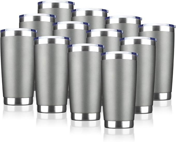 20oz Tumbler Bulk Stainless Steel Vacuum Insulated Tumblers with Lid Double Wall Travel Mug Durable Powder Coated Coffee Cup, Suitable for Ice Drinks and Hot Beverage (Gray 12pack)