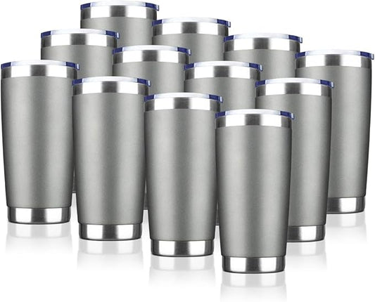 20oz Tumbler Bulk Stainless Steel Vacuum Insulated Tumblers with Lid Double Wall Travel Mug Durable Powder Coated Coffee Cup, Suitable for Ice Drinks and Hot Beverage (Gray 12pack)