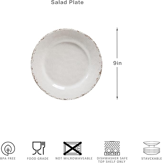 6-Piece Farmhouse Salad Plates Set, BPA Free and Chip Resistant 9-Inch Lightweight Round Melamine Plates, White Plate for Dessert, Salad, Appetizer, and Cake, Small Dinner Plate