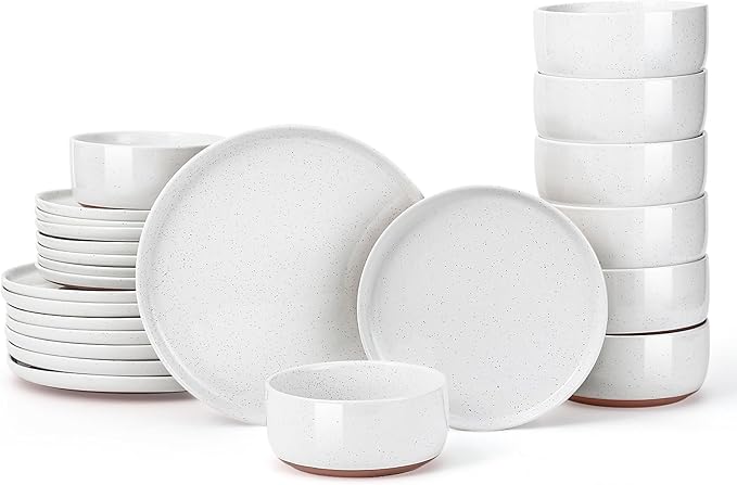 GZG Modern Art Series - 24 Pcs Speckled Stoneware Plates and Bowls Sets, Ceramic Dinnerware Set with Rustic Terracotta Underside, Microwave and Dishwasher Safe Handcrafted Dishes Set - Porcelain White