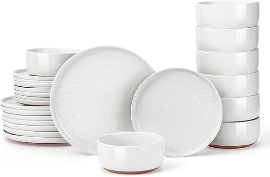 GZG Modern Art Series - 24 Pcs Speckled Stoneware Plates and Bowls Sets, Ceramic Dinnerware Set with Rustic Terracotta Underside, Microwave and Dishwasher Safe Handcrafted Dishes Set - Porcelain White