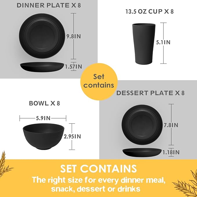 Teivio 32-Piece Kitchen Plastic Wheat Straw Dinnerware Set, Service for 8, Dinner Plates, Dessert Plate, Cereal Bowls, Cups, Unbreakable Colorful Plastic Outdoor Camping Dishes, Deep Black