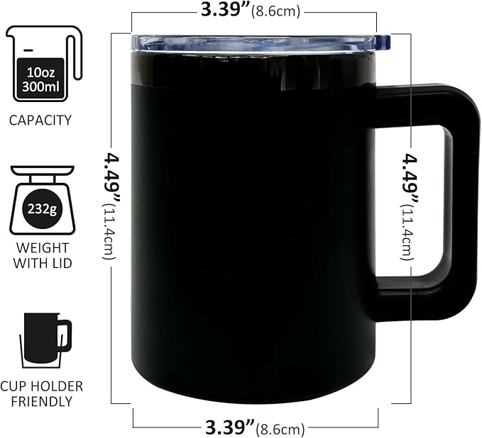 10 oz Tumbler with Handle and Straw Stainless Steel Insulated Coffee Mug for Laser Graving Powder Coated Cup with Black Plated(Black,12 pack)