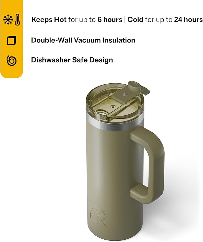 RTIC 20oz Road Trip Travel Mug with Lid and Handle, Ceramic Lined, Insulated, Stainless Steel, Metal, Double Wall Vacuum-Insulation, Portable Coffee, Tea Cup for Hot and Cold Drink, Olive