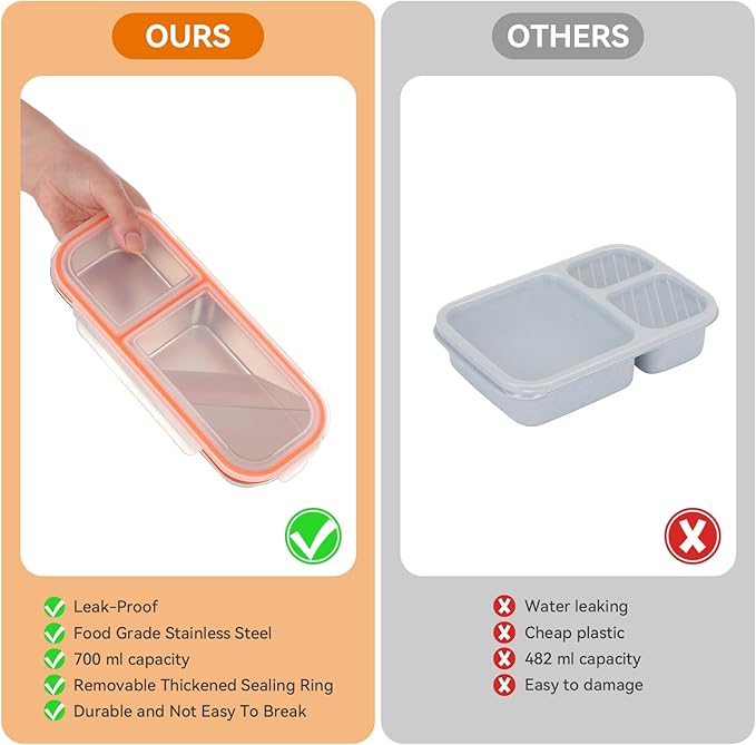 Stainless Steel Snack Containers with Lids & Spork, Reusable 2 Compartment Condiment Boxes, Divided Grab Food Storage Containers, Sauce Cups for Home, Travel (2 Compartments)