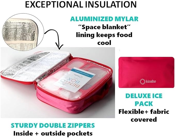 Bento Box with Lunch Bag and Ice Pack Set | Snack Containers Boxes for Kids Girls Adults | 6 Compartments Divided Portion Container Boxes Insulated Bags for School Daycare Lunches, BPA Free, Pink