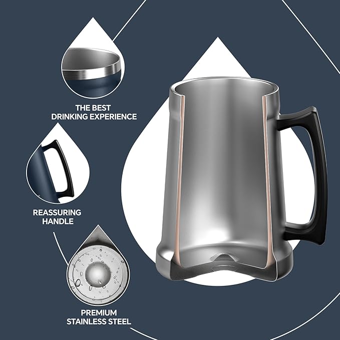 Ideus Insulated Beer Stein, 24/32oz Stainless Steel Double Walled Beer Mug Giant Bar Drinkware Metal Beer Cup with Big Grip Handle (24oz (710ml), Navy Blue)