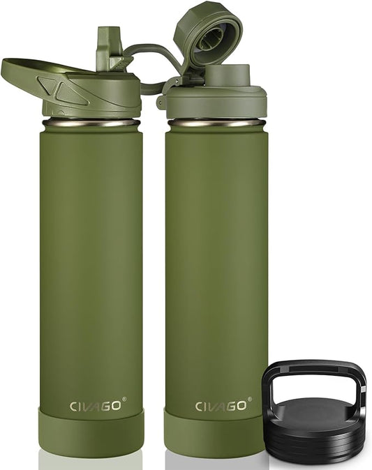 CIVAGO 24 oz Insulated Water Bottle With Straw, Stainless Steel Sports Water Flask Cup with 3 Lids (Straw, Spout and Handle Lid), Double Walled Travel Thermal Canteen Mug, Army Green