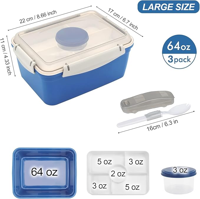 shopwithgreen LARGER Salad Containers To Go for Lunch (3 Pack), Bento Box with Dressing Pots & 5-Compartment Removable Tray, Microwave and Dishwasher Safe, BPA-free, 64 oz