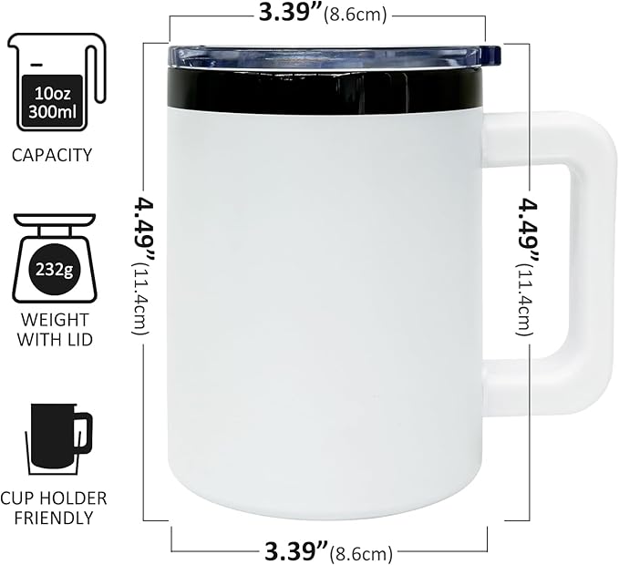 10 oz Tumbler with Handle and Straw Stainless Steel Insulated Coffee Mug for Laser Graving Powder Coated Cup with Black Plated(White,12 pack)