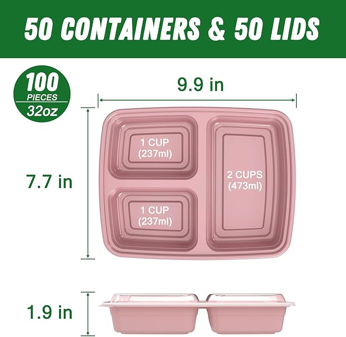 50 Pack (100-Piece) 32 oz Meal Prep Containers Reusable with Lids 3-Compartment, To Go Take Out Plastic Food Storage Containers, Sturdy Leakproof Food Safe, Microwave Freezer Dishwasher Safe, Pink