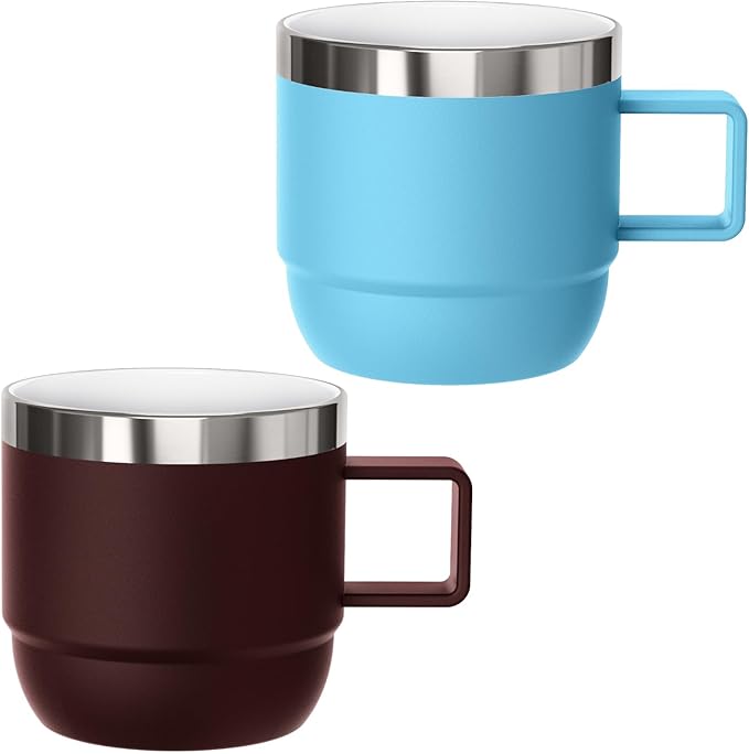 6 oz Espresso/Coffee Mug with Handle, Ceramic-Lined 18/8 Stainless Steel, Double-Wall Vacuum Insulated, Stackable, Dishwasher Safe, Fits Most Espresso Machines (Wine Red & Blue, 2 Pack)