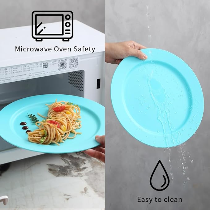 Berglander Plastic Plates Set of 8 Pieces 10", TF Blue Reusable and Flat Dinner Plates, Salad Plates, Pasta Bowls, Dishes Set Easy to Carry for Home, Garden, Picnic, Camping, Outdoor