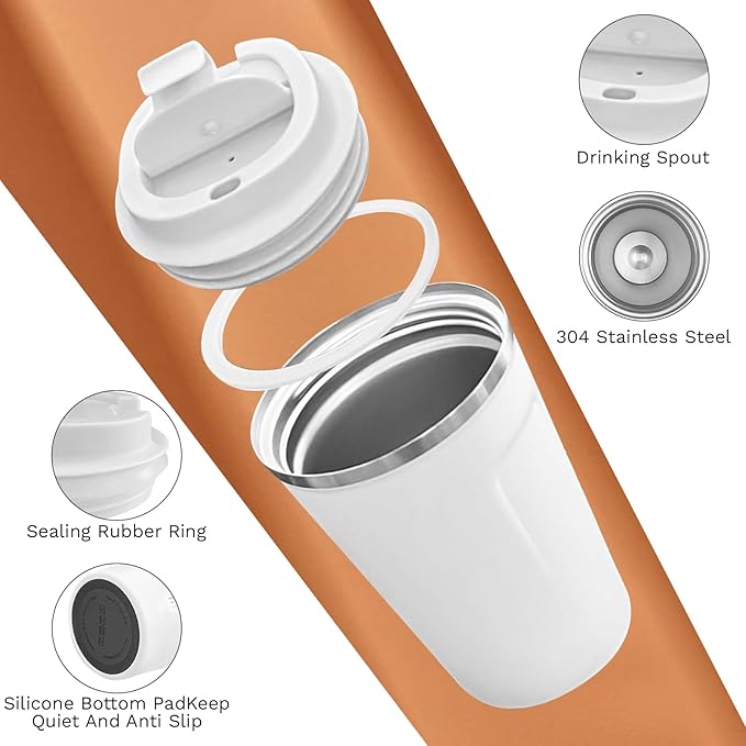 Travel coffee mugs leak-proof, reusable coffee cups with lids, stainless steel vacuum thermos coffee tumblers,thermal insulation cups for men and women hot & cold drinks(2nd-White, 12OZ)