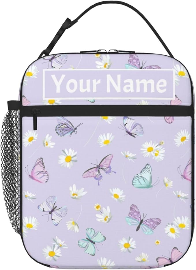 SUPLUCHOM Custom Lunch Bag With Name Butterfly Flower Personalized Insulated Box Customized Food Tote Container Side Pocket for School