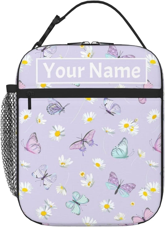 SUPLUCHOM Custom Lunch Bag With Name Butterfly Flower Personalized Insulated Box Customized Food Tote Container Side Pocket for School