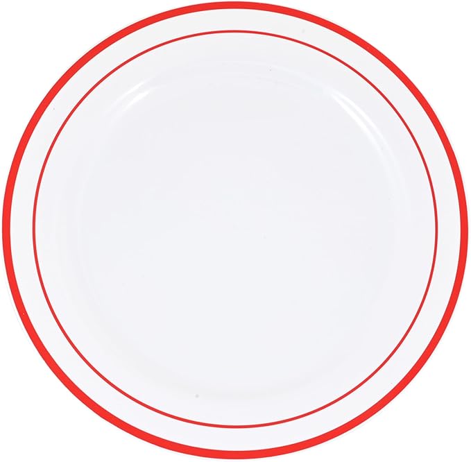 120-Piece Dinner Plastic Plates Set Premium 120 Dinner Plates, Disposable Plates for Party - White Plastic Wedding Plates with Red Rim