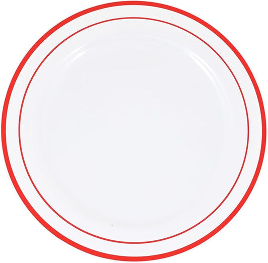 120-Piece Dinner Plastic Plates Set Premium 120 Dinner Plates, Disposable Plates for Party - White Plastic Wedding Plates with Red Rim