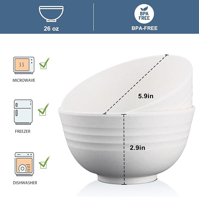 Wrova Wheat Straw Bowls Set of 8, Unbreakable White Cereal Bowl 26OZ, Microwave and Dishwasher Safe Oatmeal Bowls, Kitchen Bowl Suitable for Cereal,Salad,Snack (White)
