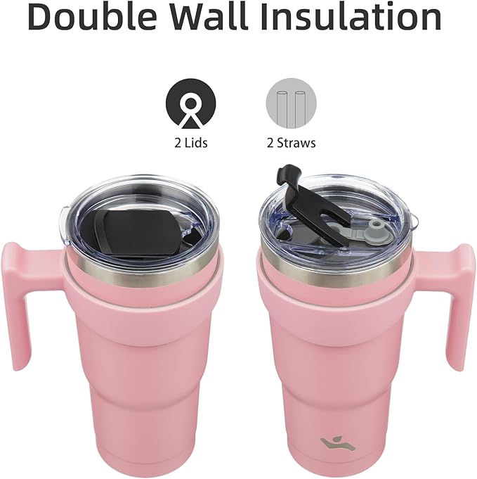 20 oz Tumbler with Handle and 2 Straw 2 Lid, Insulated Water Bottle Stainless Steel Vacuum Cup Reusable Travel Mug, Light Pink