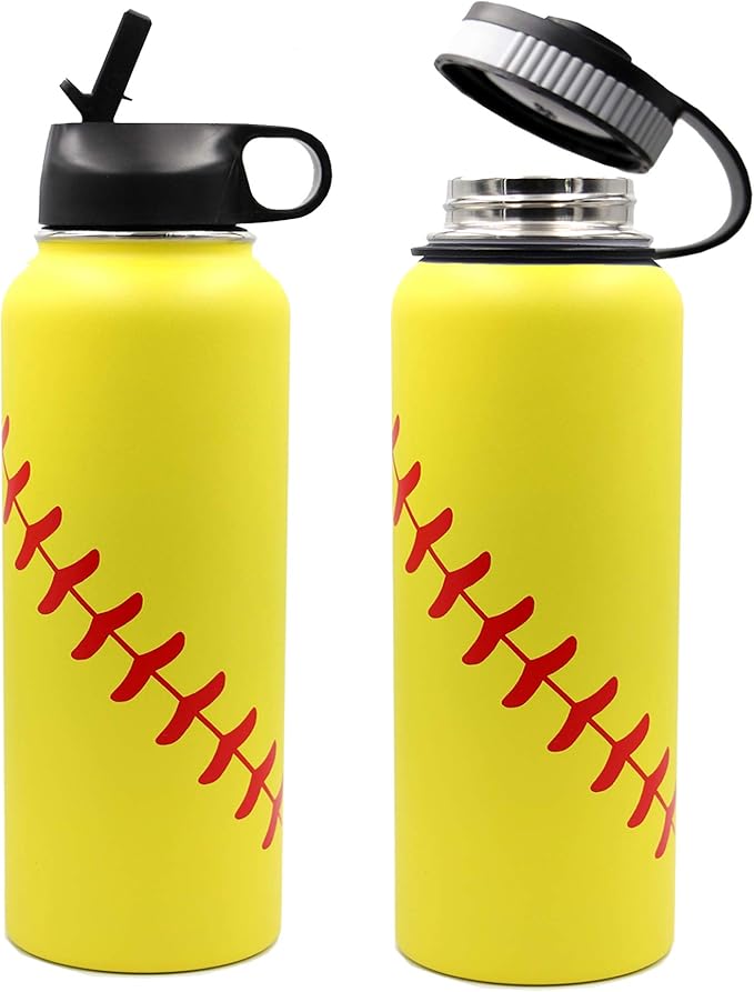 40 oz Softball Water Bottle, Wide Mouth Sports Flask Metal Thermo Travel Mug with 2 Lids, Stainless Steel Double Wall Vacuum Leak Proof Insulated Water Jug, Softball Stuff Gifts for Mom Men Boys Girls