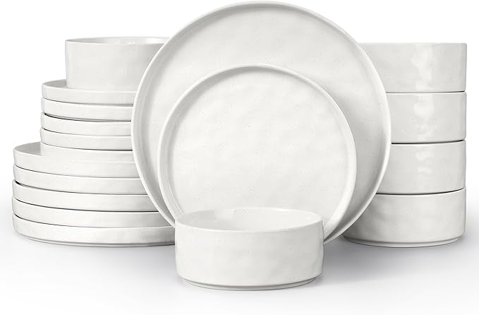 LIANYU Dinnerware Dinner Sets for 6, 18 Piece Ceramic Plates and Bowls Dish Set, Kitchen Speckled Dining Tableware Dishware, Microwave & Dishwasher Safe, Polar White