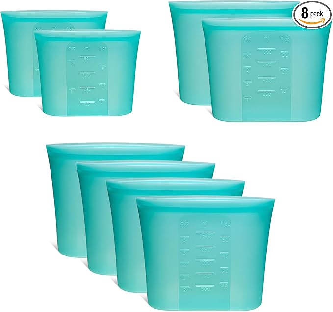 8-Pack Reusable Silicone Food Storage Bags, 100% Silicone Stand-Up Wide-Open Zip-Lock Reusable Storage Bags for Food, Freezer Microwave Oven Dishwasher Safe, Aqua, 4L 2M 2S