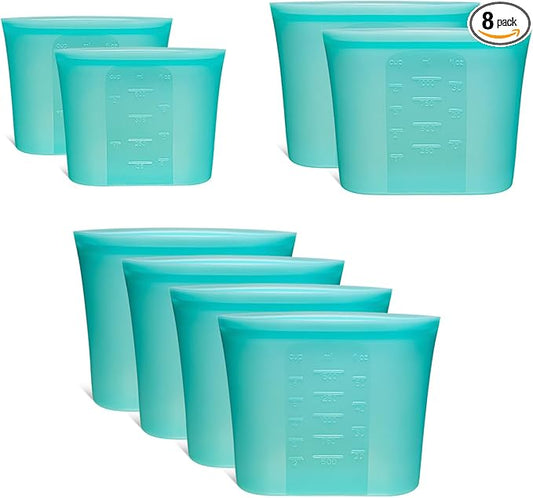 8-Pack Reusable Silicone Food Storage Bags, 100% Silicone Stand-Up Wide-Open Zip-Lock Reusable Storage Bags for Food, Freezer Microwave Oven Dishwasher Safe, Aqua, 4L 2M 2S
