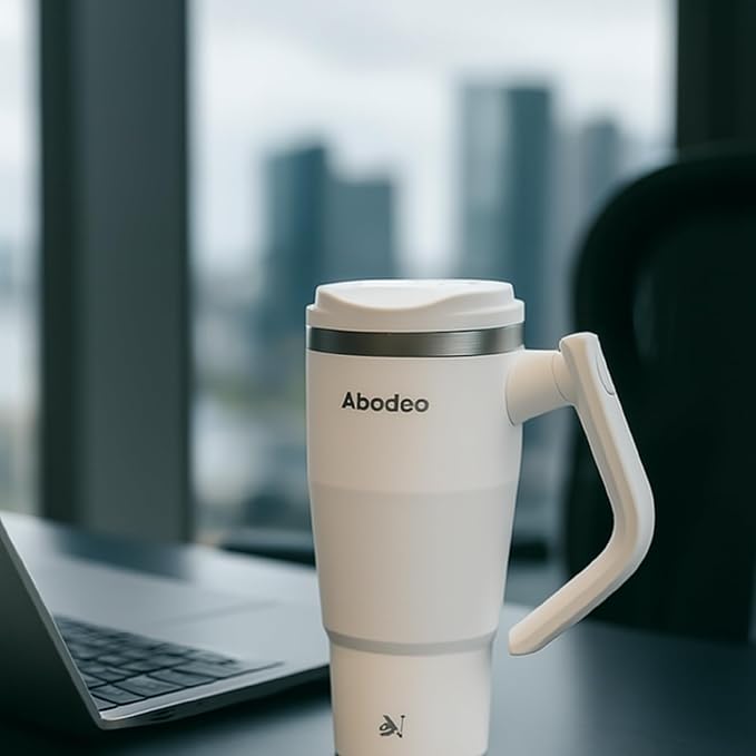 32 oz Travel Coffee Tumbler with Rotating Handle, Straw & Leakproof Lid – Insulated Stainless Steel Mug Reusable Water Flask for Hot & Cold Drinks – Fits Car Cup Holders (White)