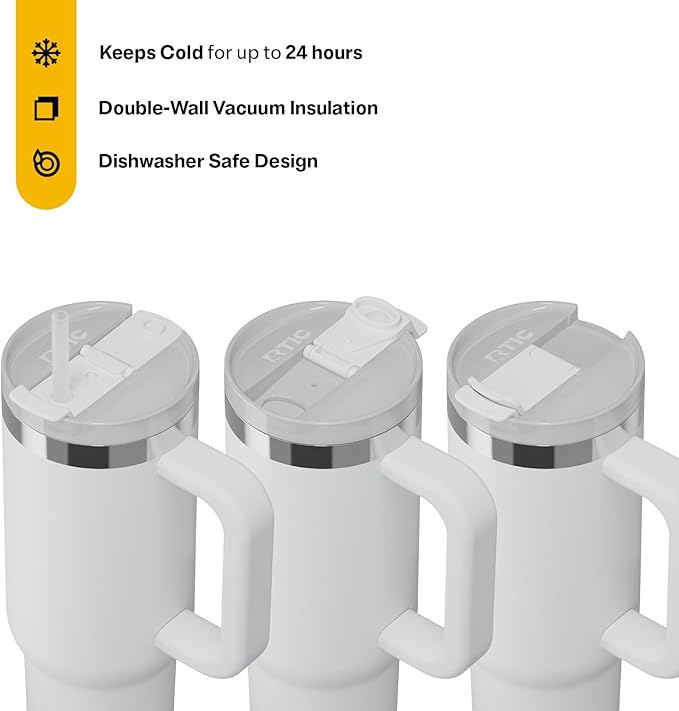 RTIC 30 oz Road Trip Tumbler Double-Walled Ceramic Lined InsulatedStainless Steel Portable Travel Coffee Mug Cup with Lid, Handle and Straw, Cool Grey