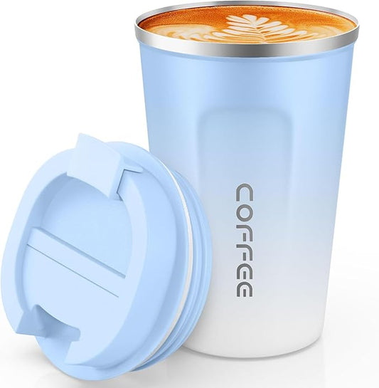 Travel coffee mugs leak-proof, reusable coffee cups with lids, stainless steel vacuum thermos coffee tumblers,thermal insulation cups for men and women hot & cold drinks (2nd-Blue White, 17OZ)