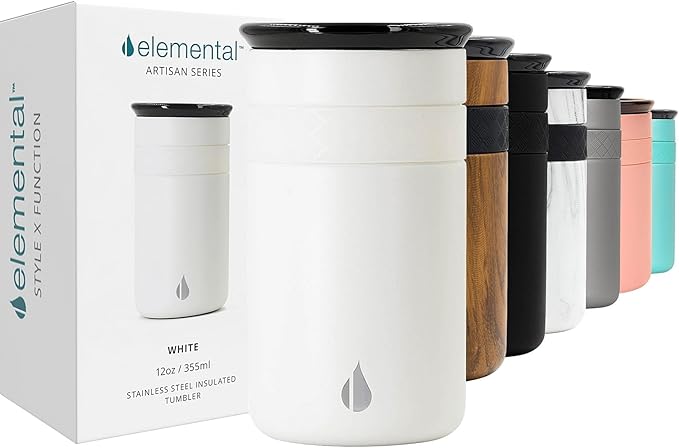 Elemental Artisan Insulated Tumbler, Triple Wall Coffee Travel Mug, Reusable Stainless Steel Coffee Tumbler with Ceramic Lid, Thermal Coffee Cups for Hot (6 Hrs) & Cold (18 Hrs), 12oz - Matte White