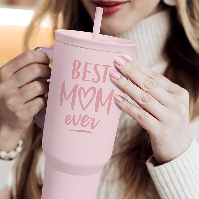 Gift for Mom - Best Mom Stainless Steel Tumbler with Handle, Travel Coffee Mug for Moms - Gifts for Birthday Christmas Mothers Day, 40oz
